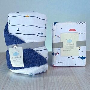 Cloud Island Velboa Nautical Infant Blanket & Crib Sheet Set Boats Fish Nursery